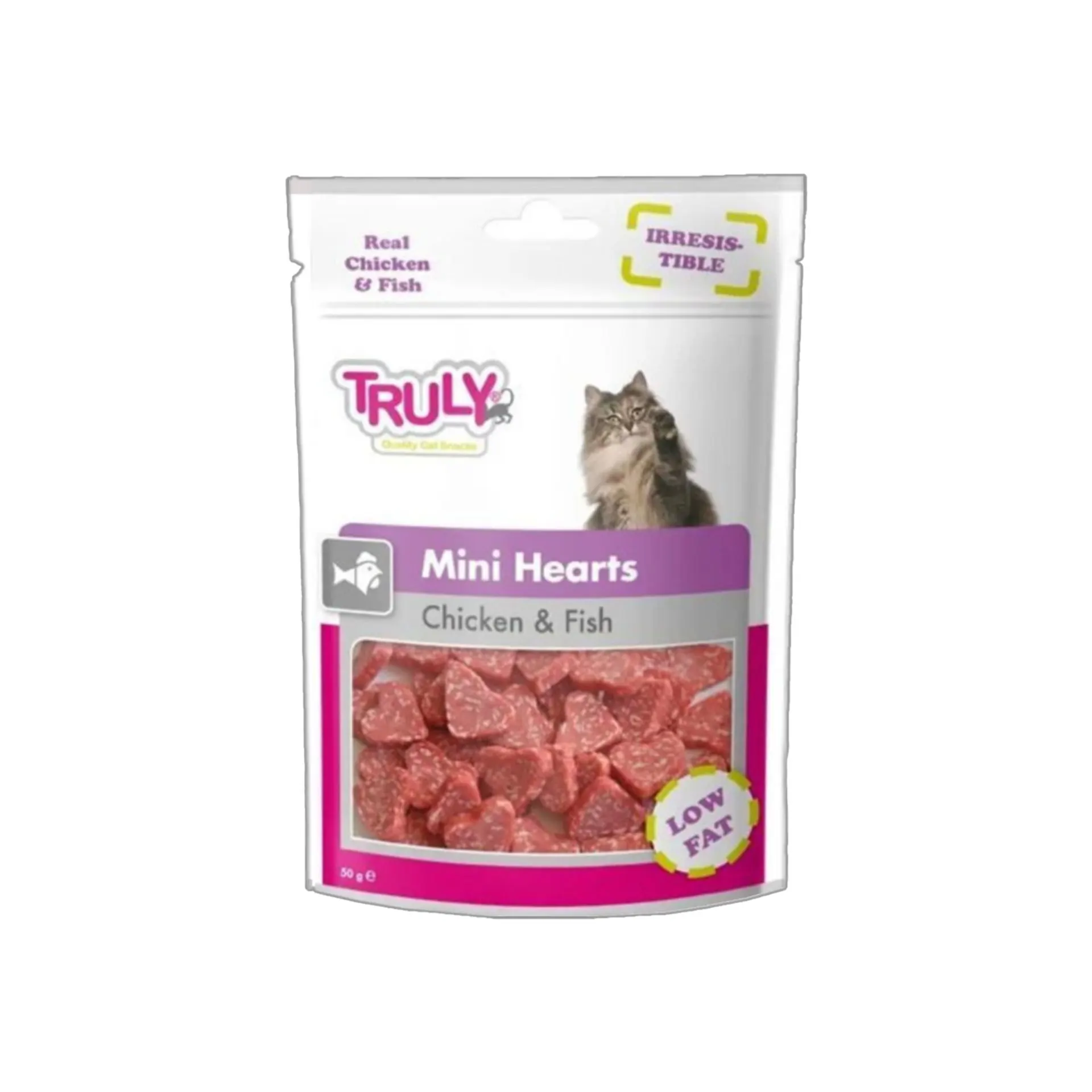 fq3lrorg7hytecksyiwn تشویقی گربه ترولی (ونپی) مدل مرغ و ماهی قلبی ، Mini Hearts وزن 50 گرم - Image 1